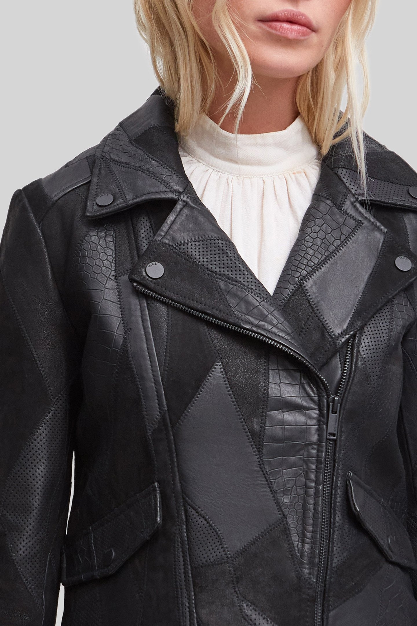 BLACK LEATHER PATCHWORK-LOOK BIKER-STYLE JACKET 6