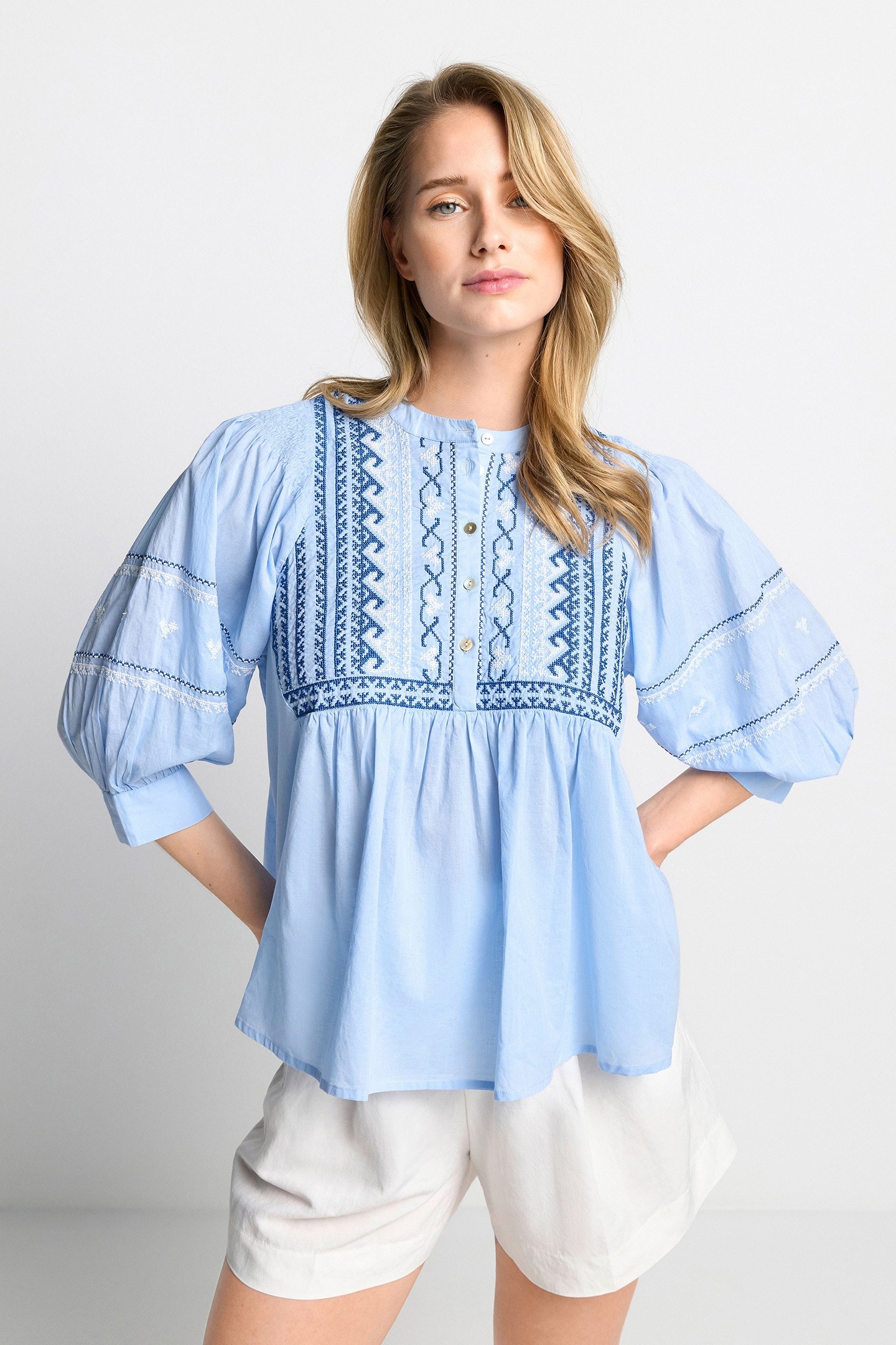 BLOUSE WITH EMBROIDERY ORGANIC COTTON BLUE 1