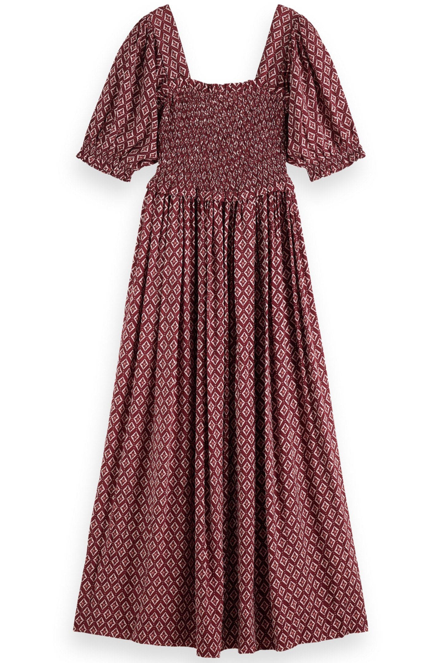 MAXI DRESS WITH SMOCK GEO FLOWER BORDEAUX 3