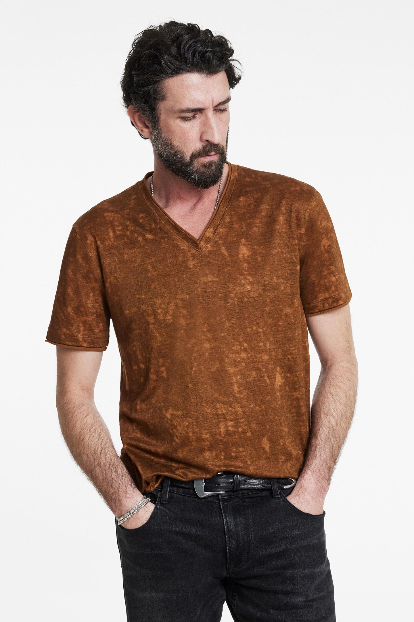 WOOSTER SLIM FIT SS LINENV-NECK SIENNA BROWN 1