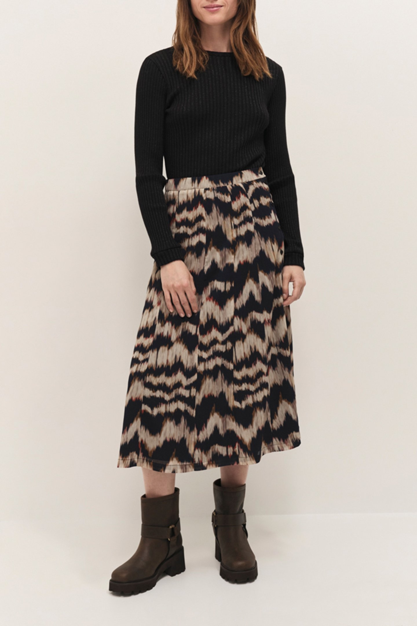 JOYAU - CHOCOLATE MIDI SKIRT WITH ARTY STRIPE PRINT 1