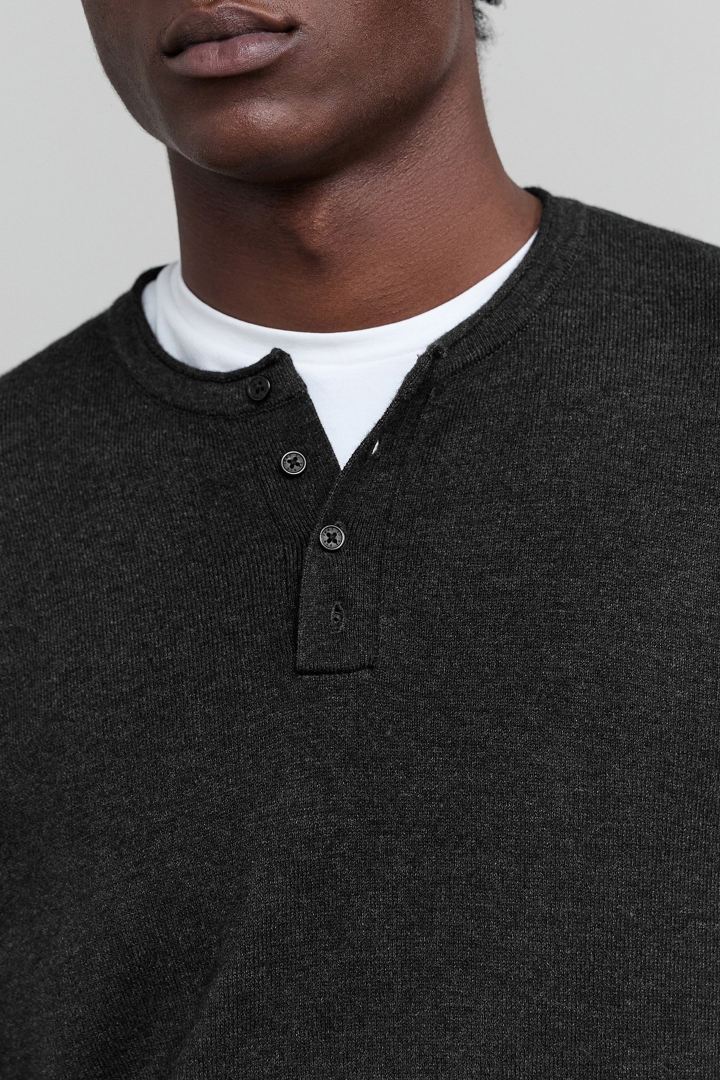 CHARCOAL KNIT BUTTON-NECK SWEATER WITH ROLLED EDGES 6