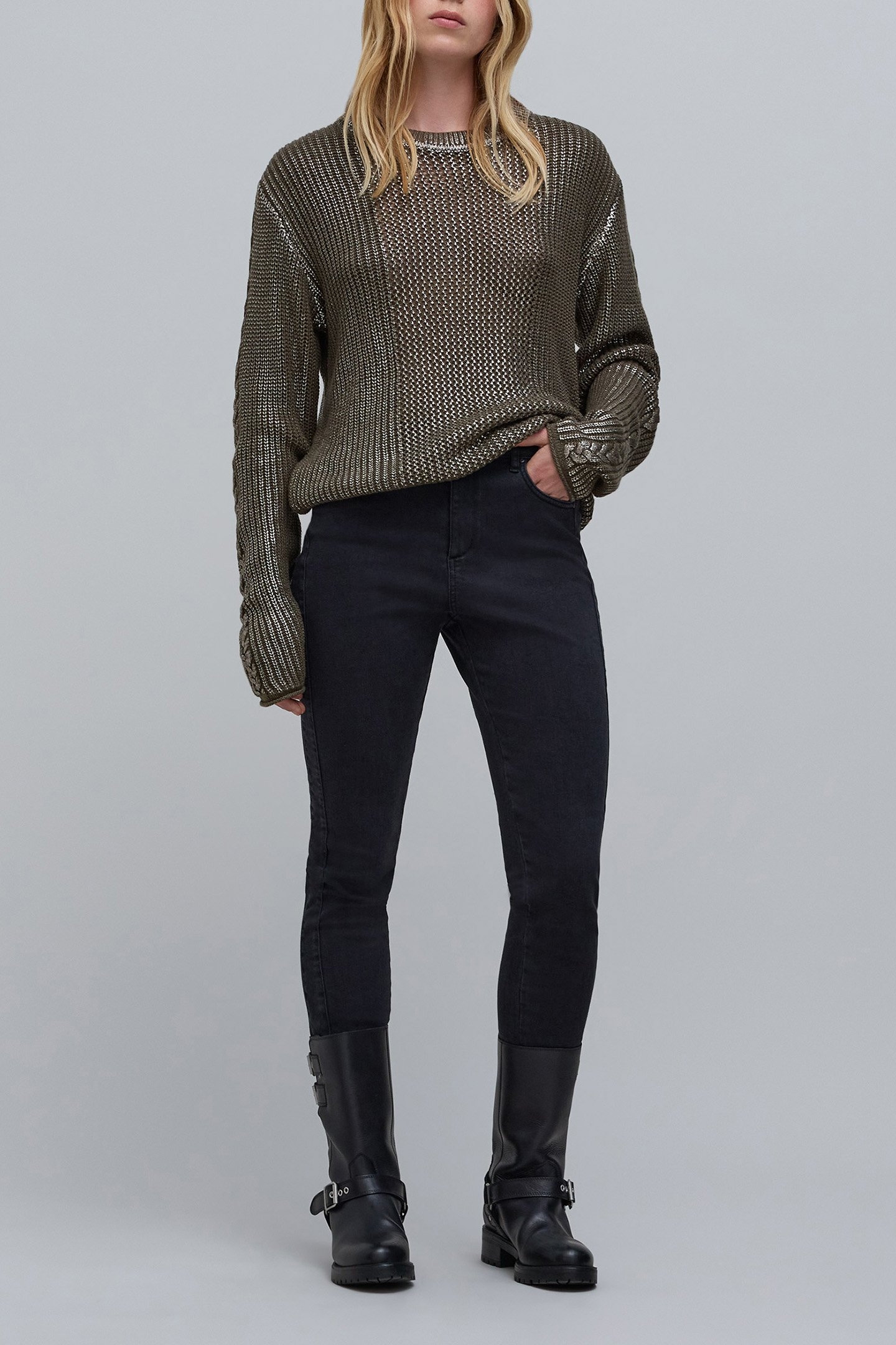 KHAKI OPENWORK KNIT SWEATER 3