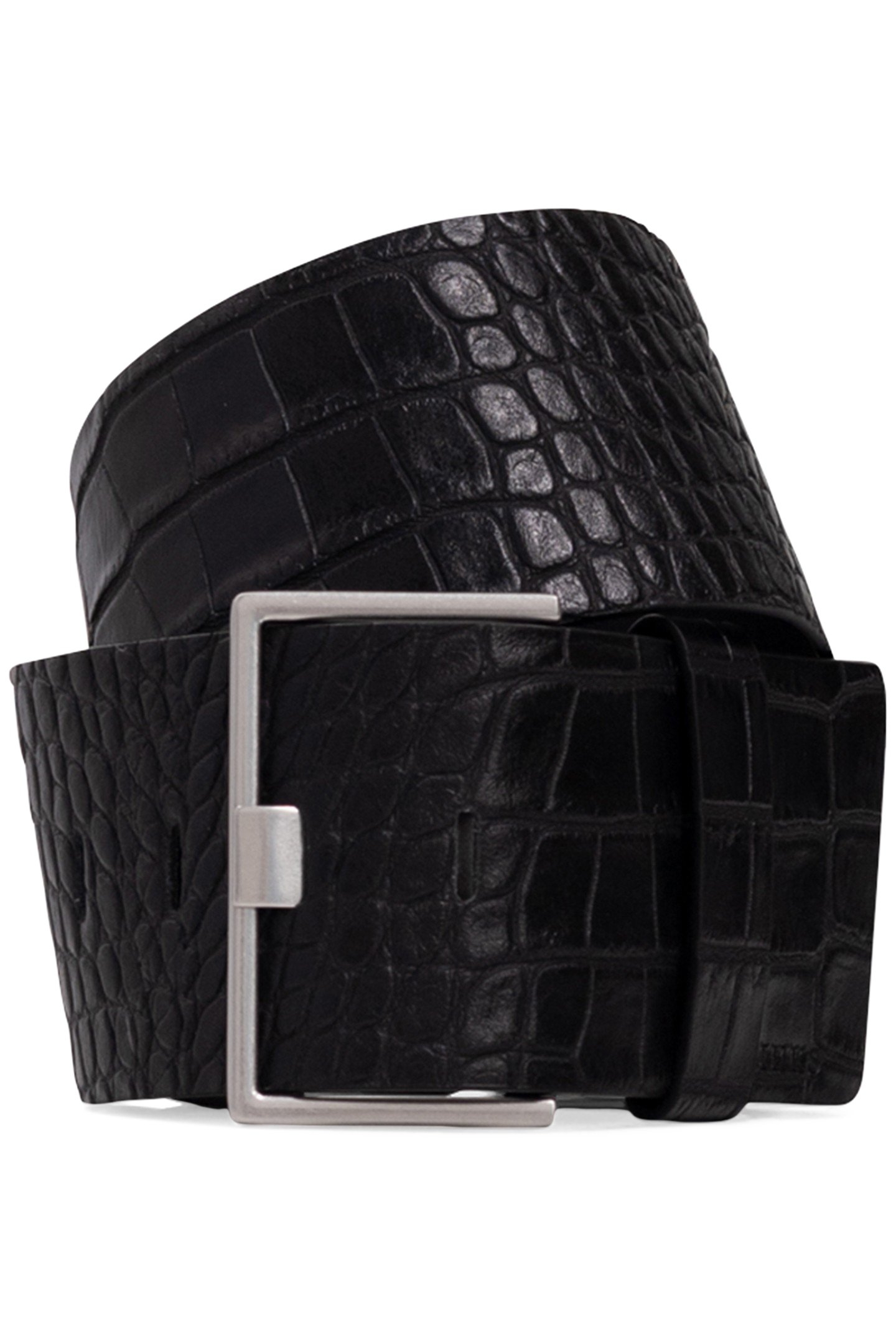CROCODILE-EFFECT EMBOSSED LEATHER BLACK DRESS BELT 1