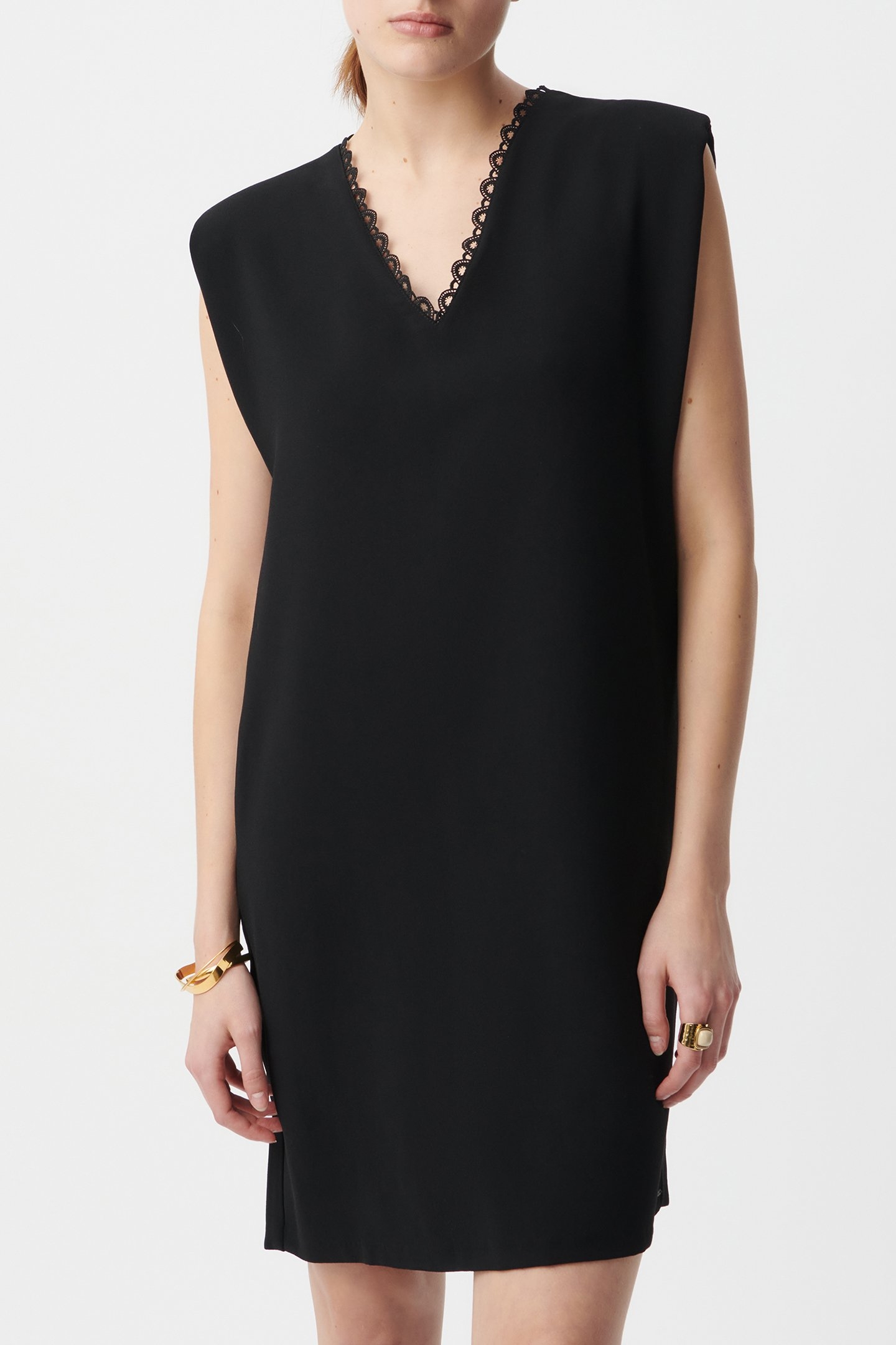 BLACK DRESS WITH V-NECK LACE MOTIF ON FRONT AND BACK 1