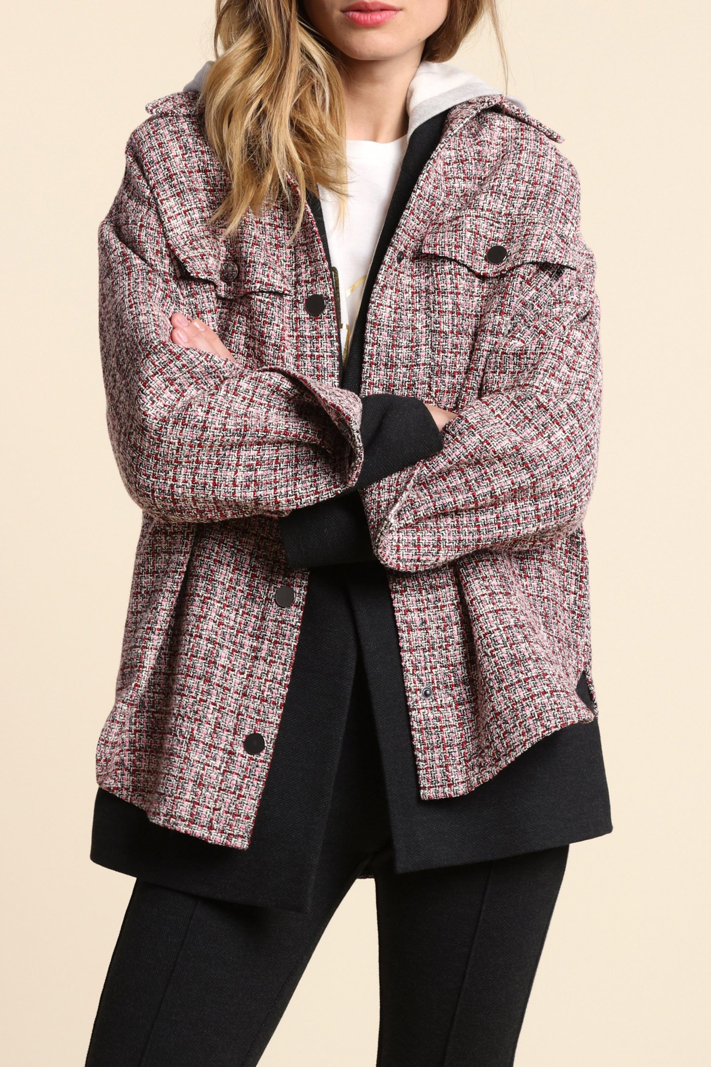 RED DECORATIVE TWEED-STYLE OVERSHIRT 1