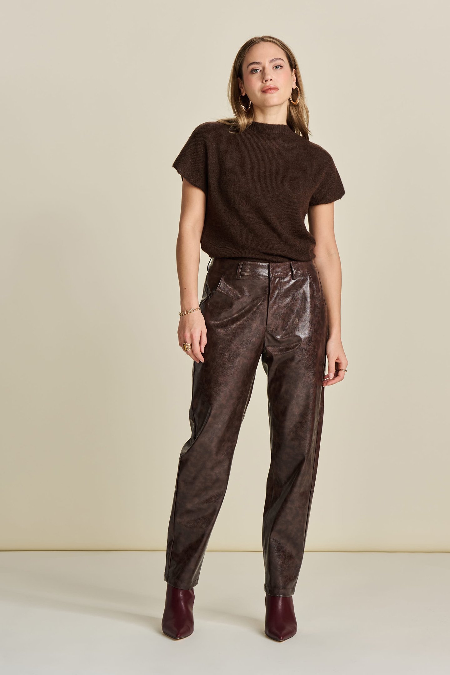 PANTS -  FAUX LEATHER BROWN 1