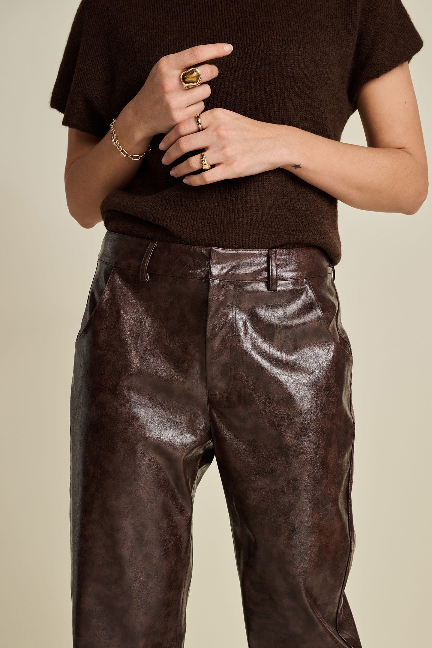 PANTS -  FAUX LEATHER BROWN 5