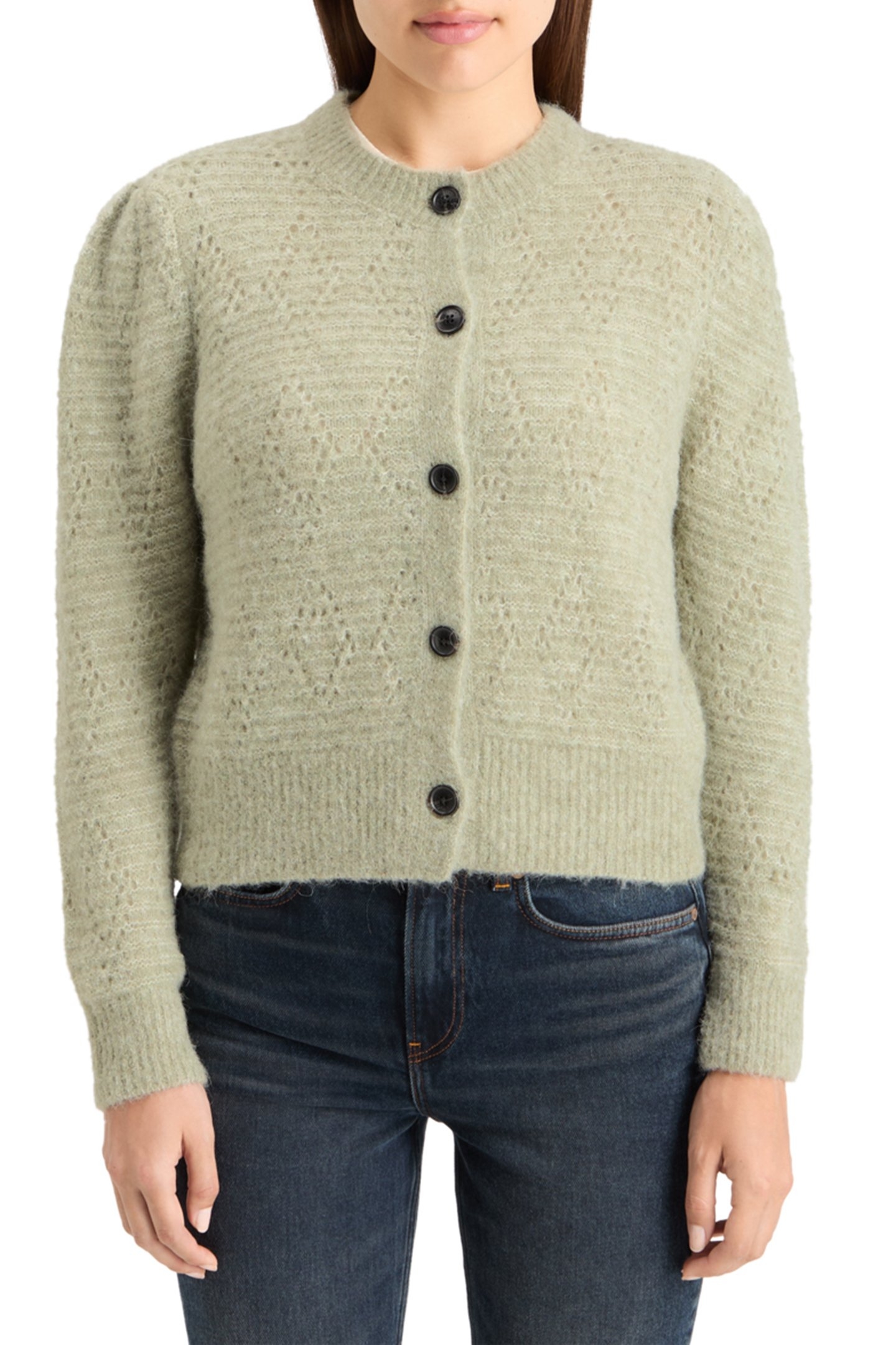 BOUCLE CREW NECK CARDIGAN WASHED SAGE MELANGE 1