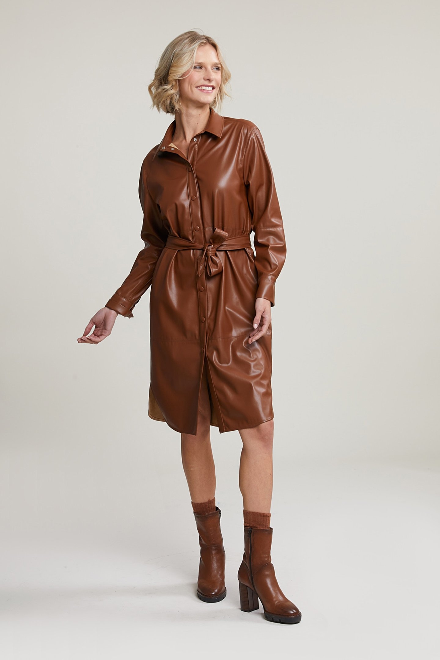 BROWN VEGAN LEATHER BELTED DRESS 1