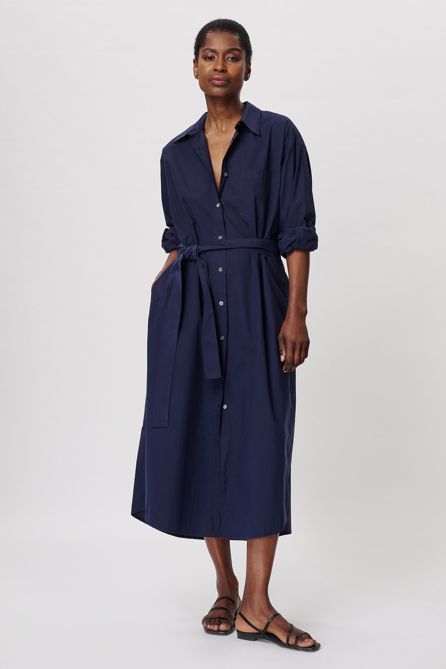 COTTON POPLIN LONG SHIRT DRESS MIDNIGHT BLUE 4