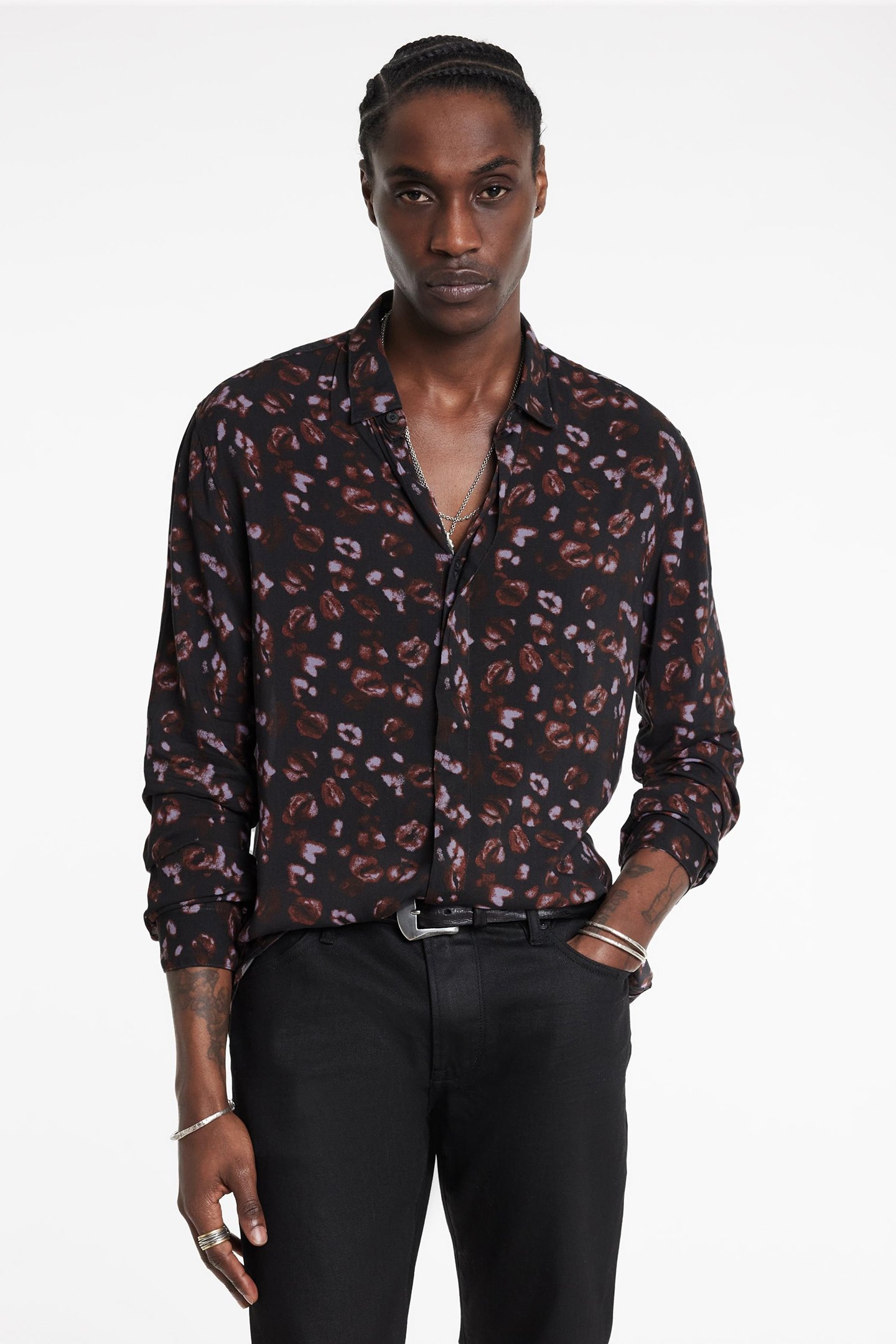 RODNEY LONG SLEEVE SHIRT IN KISS PRINT CARBON GREY 1