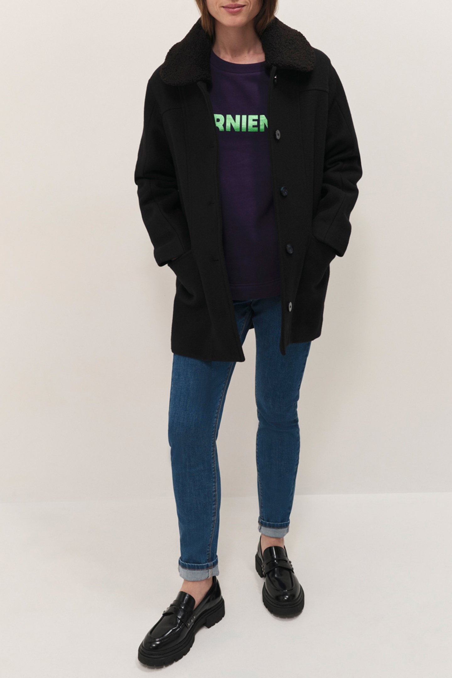 DORA - MID-LENGTH BLACK COAT WITH REMOVABLE SHERPA BOUCLÉ CO 3