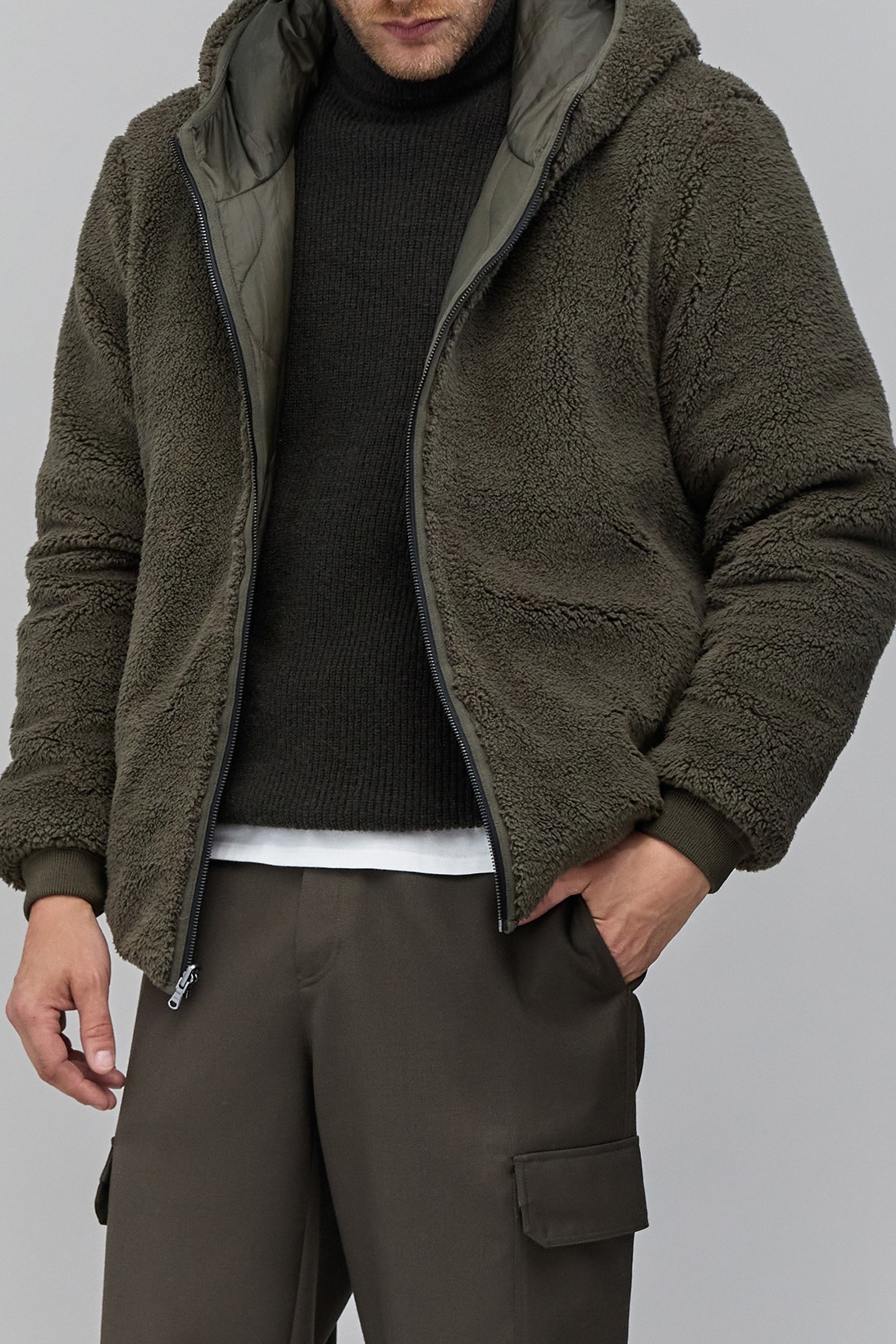 KHAKI QUILTED NYLON/SHERPA REVERSIBLE PADDED JACKET 1