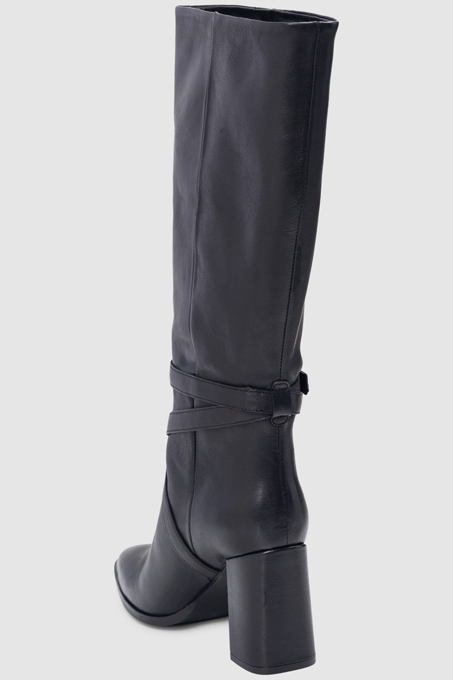 BLACK LEATHER CROSS-STRAP HEEL BOOTS 3