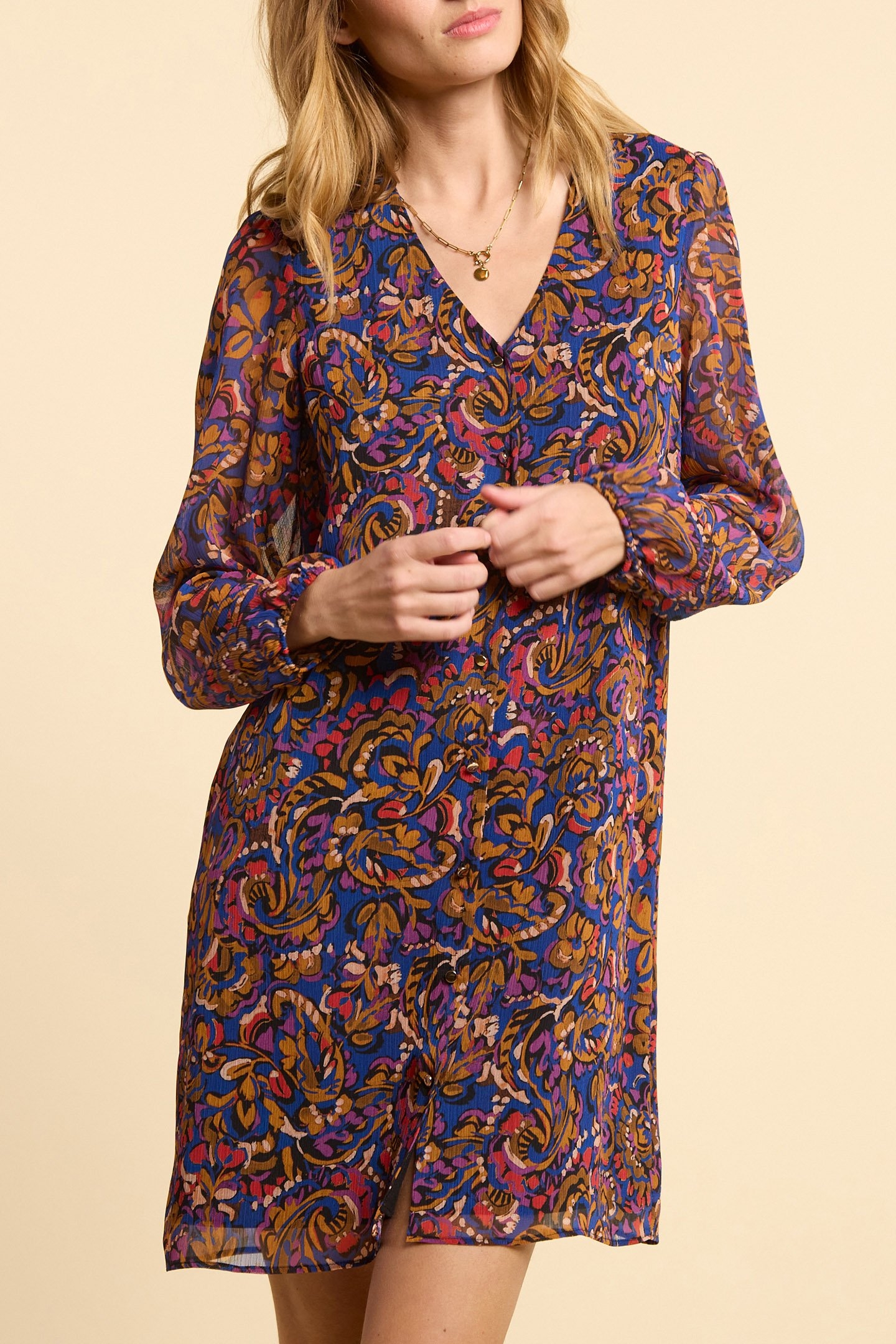CAMEL DRESS WITH MULTICOLOUR PAISLEY PRINT 1