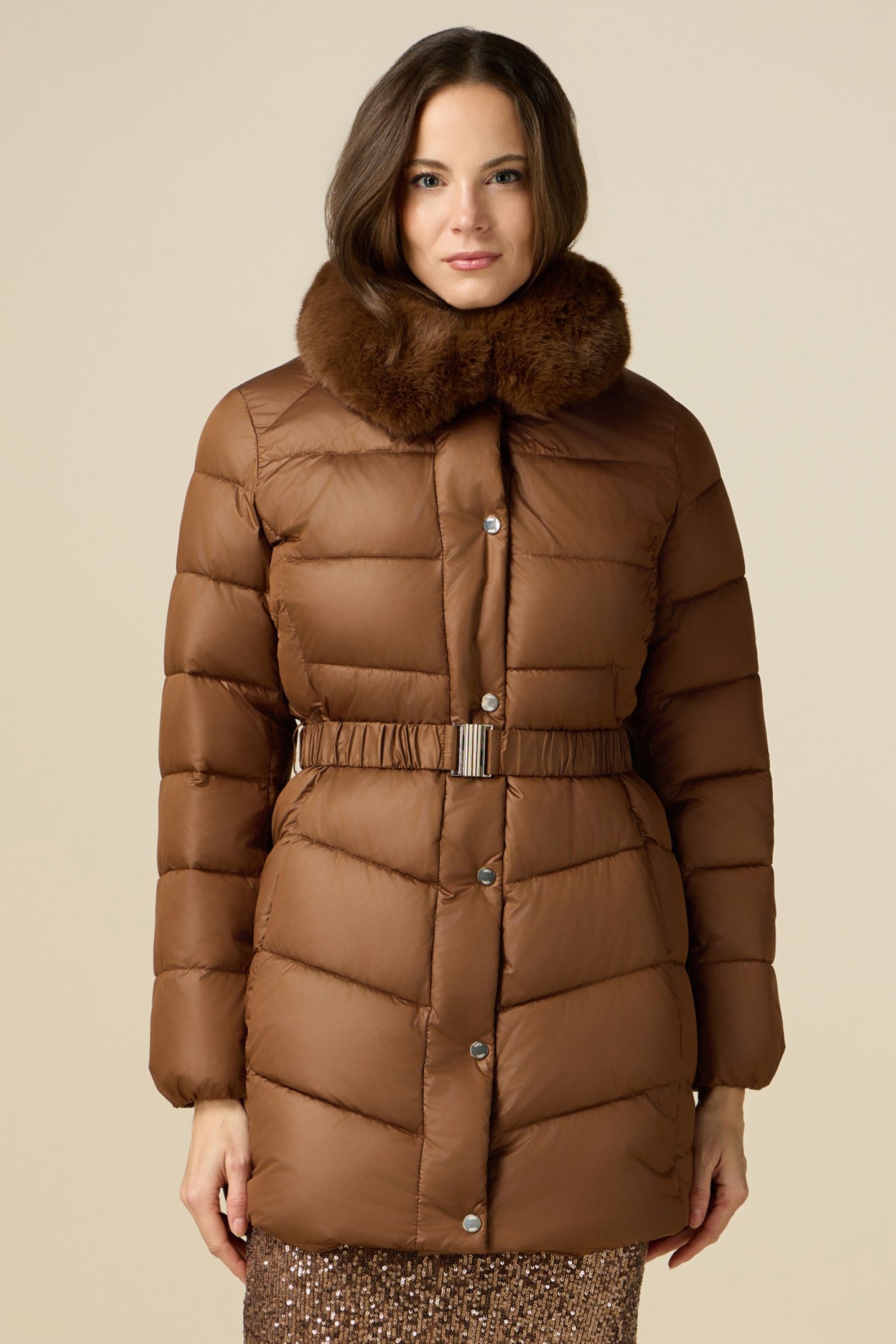 MIDI DOWN JACKET WITH BELT AND FURRY COLLAR BROWN 1