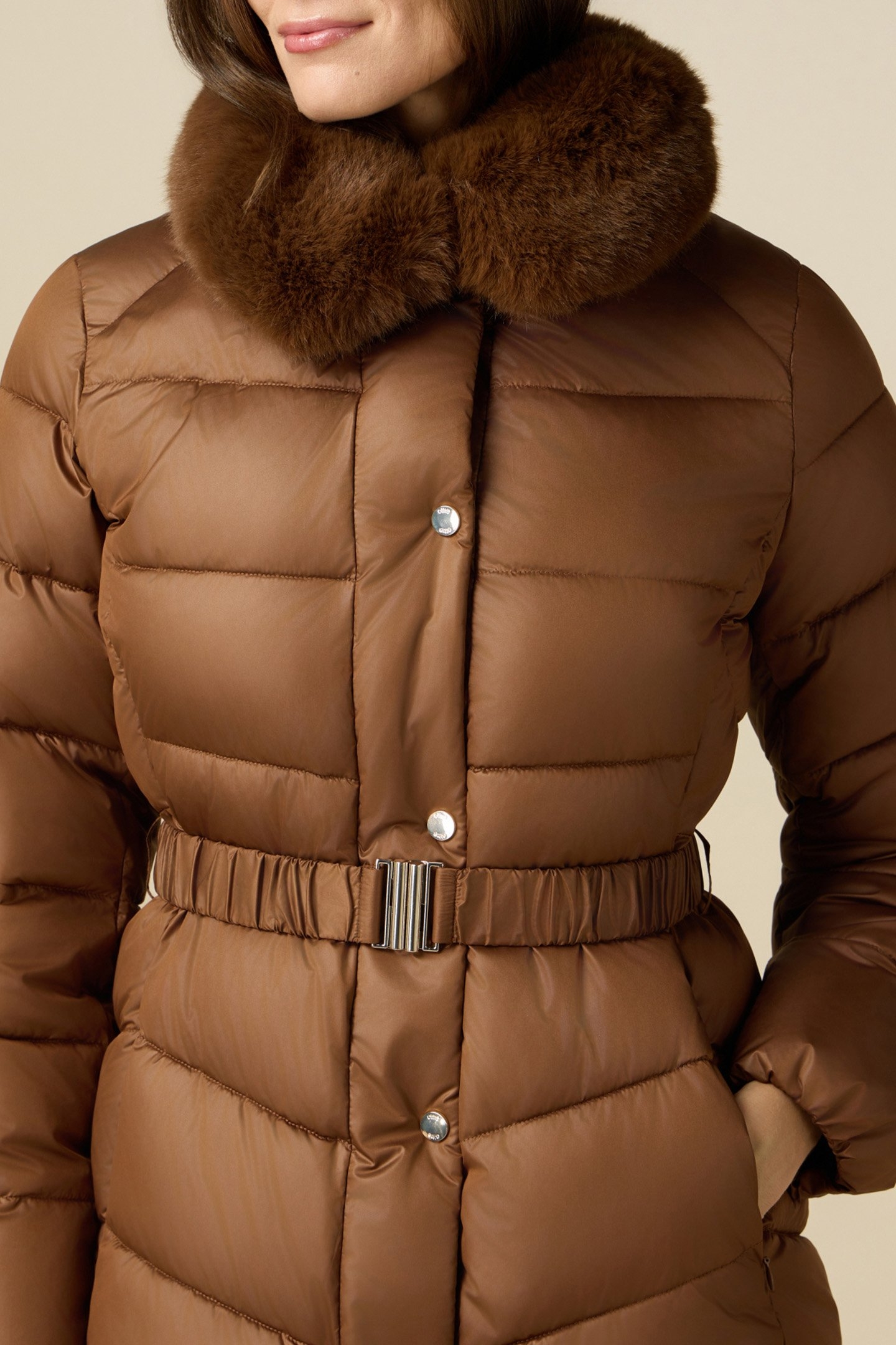 MIDI DOWN JACKET WITH BELT AND FURRY COLLAR BROWN 4