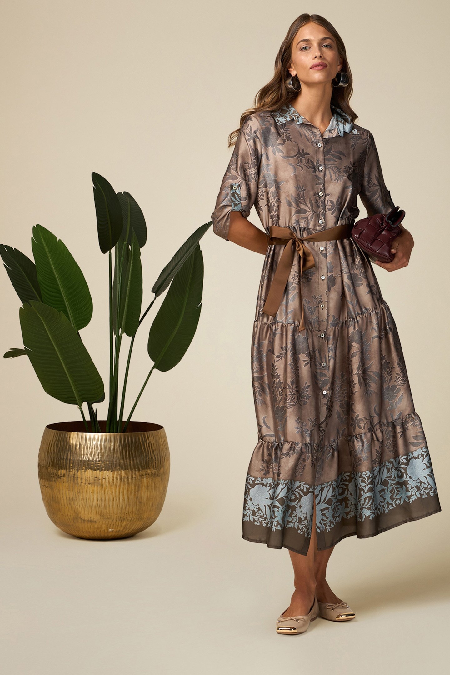 PATTERNED SATIN CHEMISIER DRESS BEIGE 4