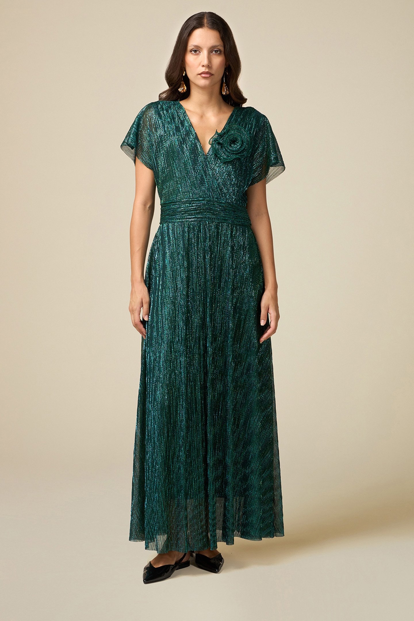 PLEATED LUREX DRESS WITH BROOCH GREEN 1