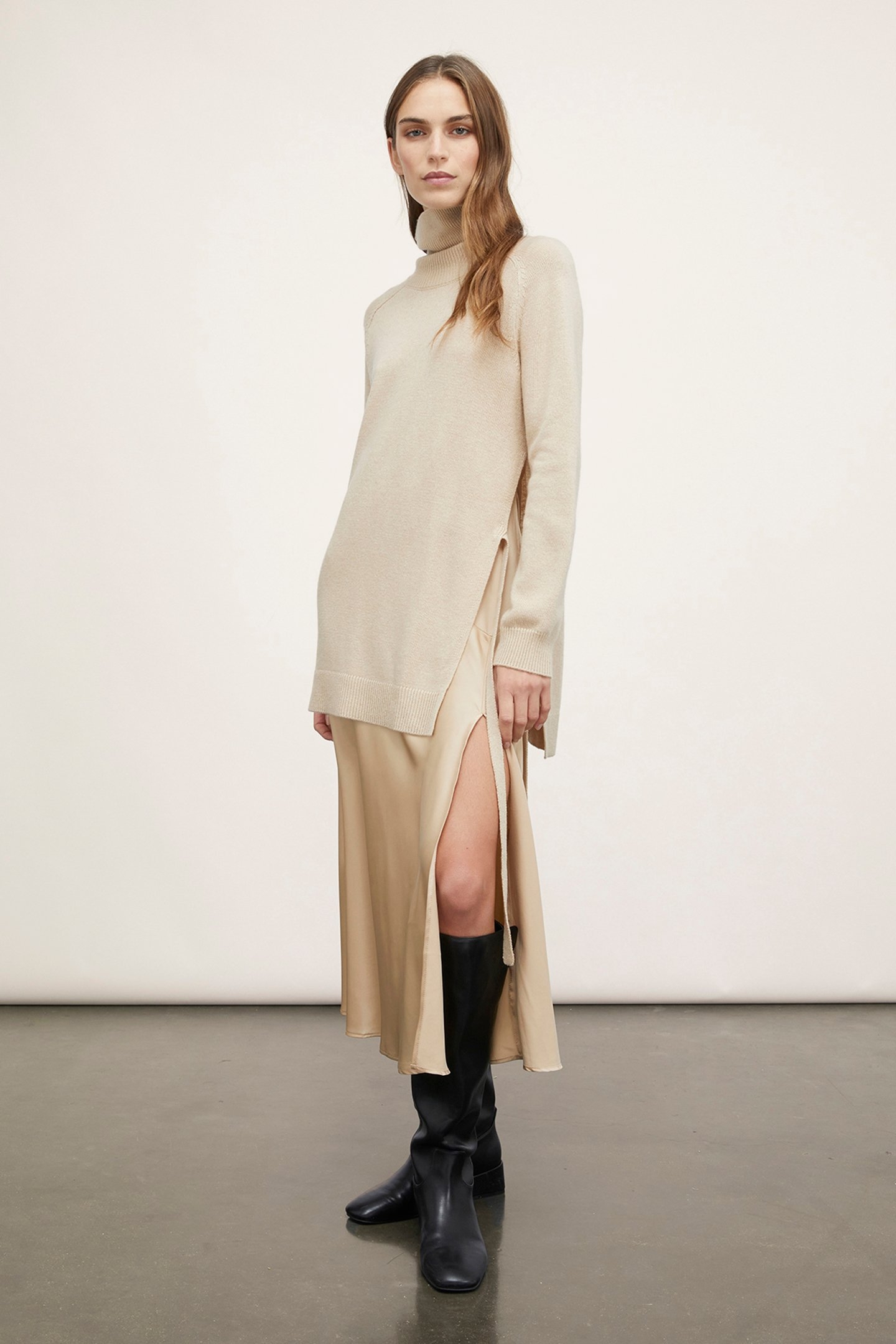 KNIT DRESS WITH SATIN SLIP BEIGE 1