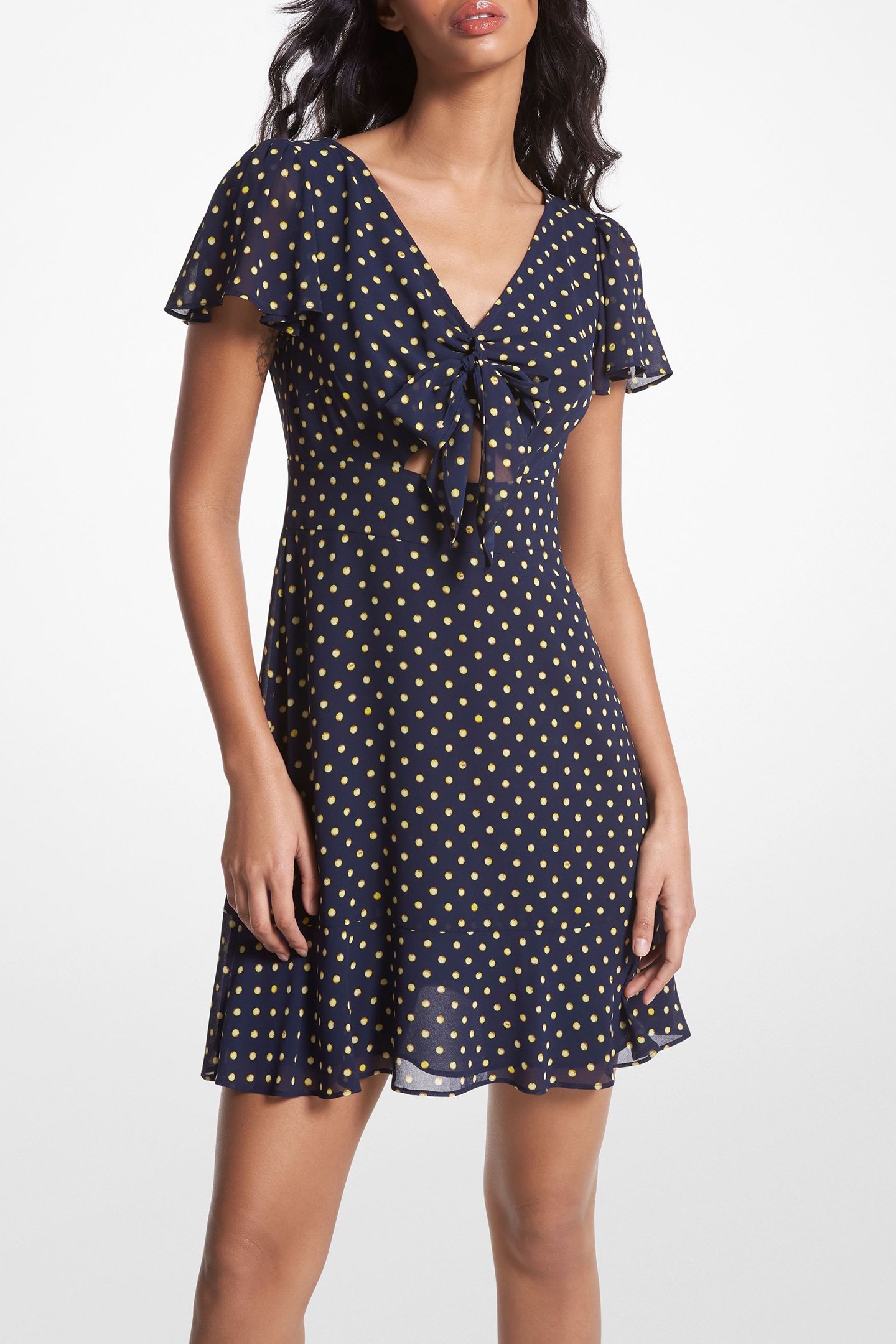 ASTOR PRNT TIE DETAIL MINI DRESS IN MIDNIGHT BLUE POLKA DOT 1