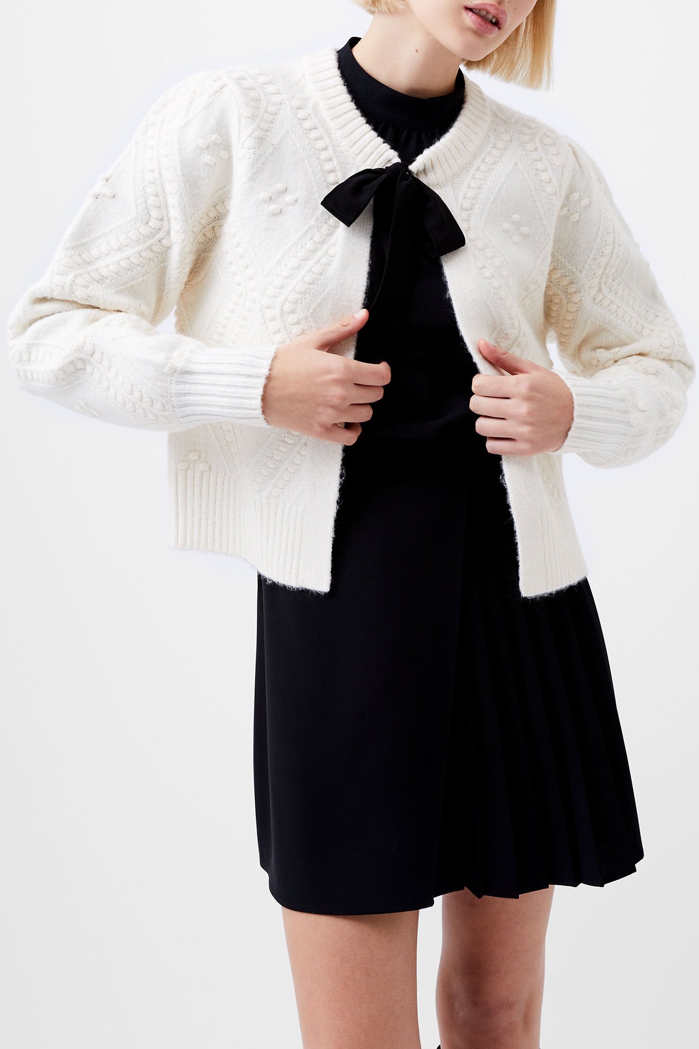 BOBBLE BOW CARDIGAN WINTER WHT/BLACK BOW 1