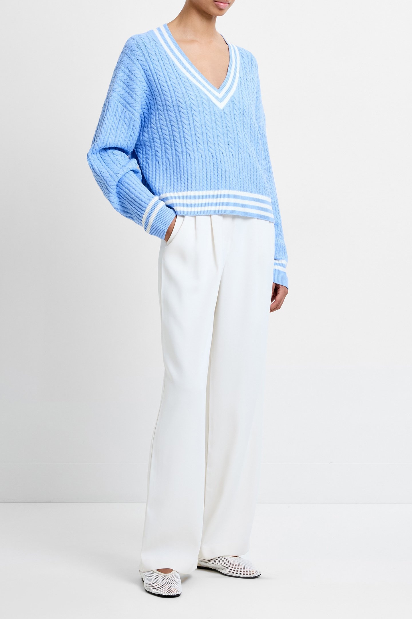 BABYSOFT CABLE V NECK JUMPER DUSTED BLUE/WIN WHT 1