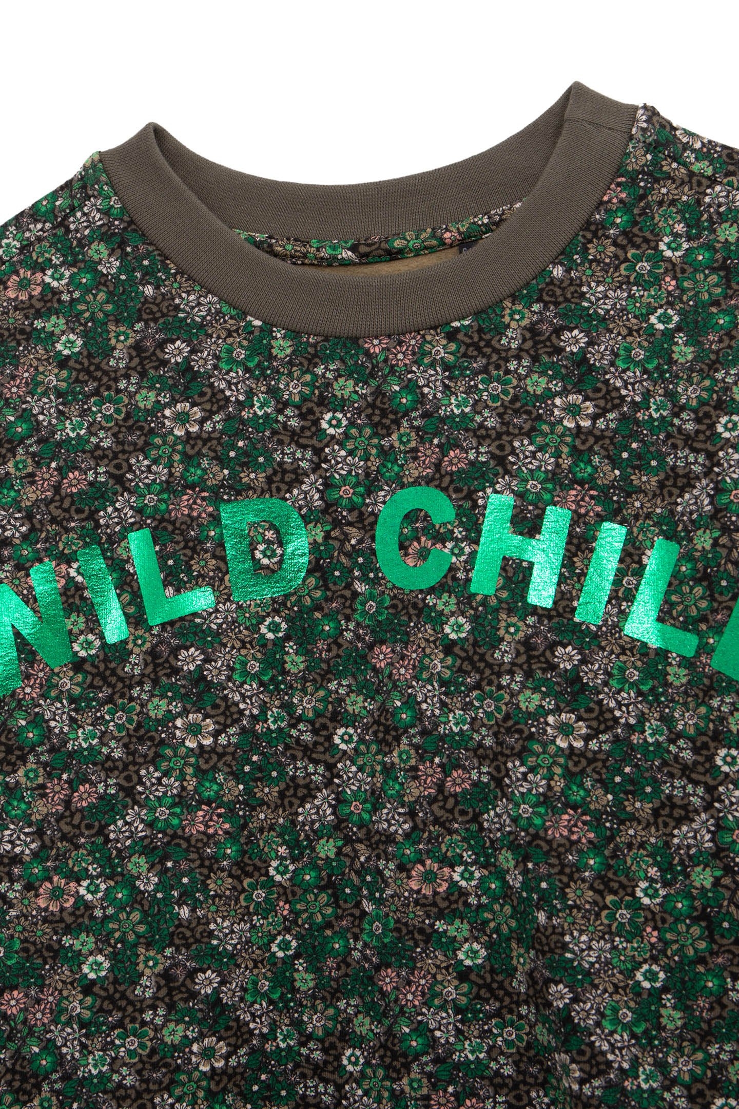 GIRL'S GREEN FLORAL-LEOPARD SWEATSHIRT, METALLIC SLOGAN 3