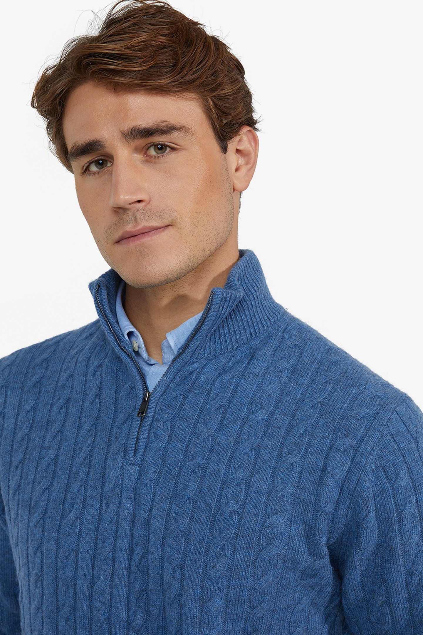 CABLE ZIP MOCK SWEATER WORKER BLUE 4