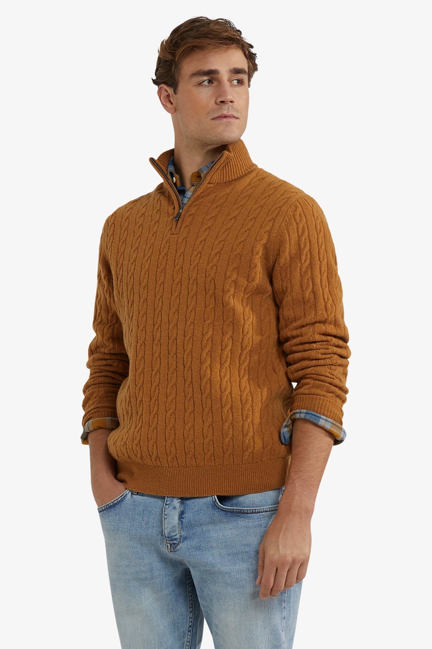 CABLE ZIP MOCK SWEATER AUTUMN YELLOW 1