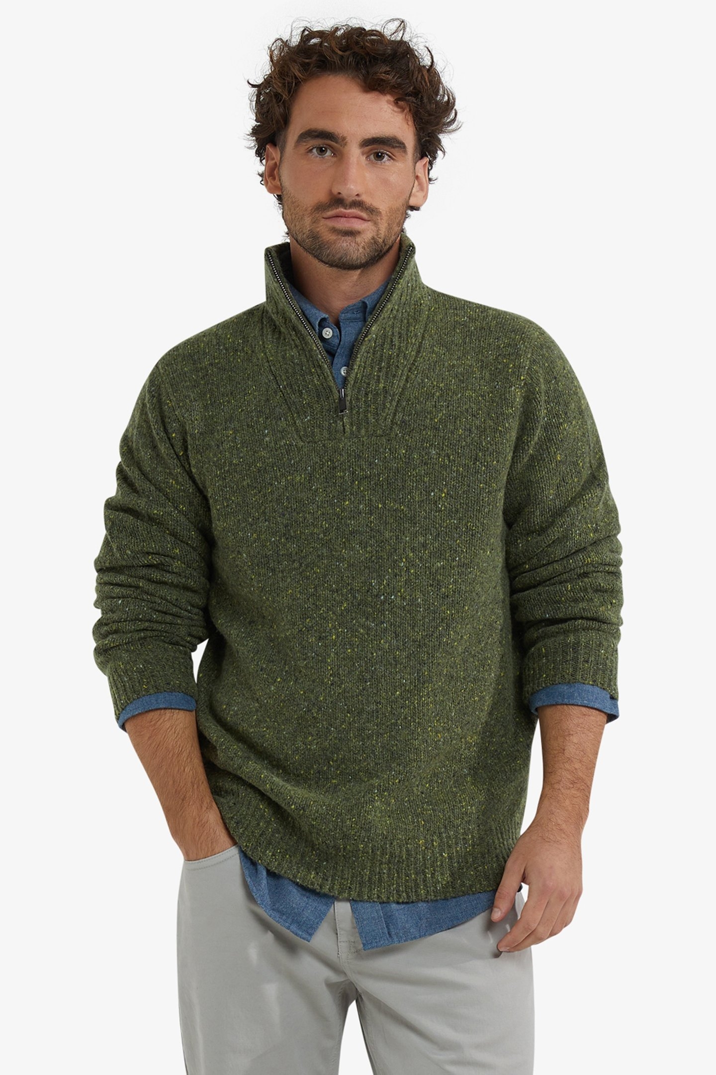 ZIP MOCK FISHERMANS SWEATER DARK OLIVE 1