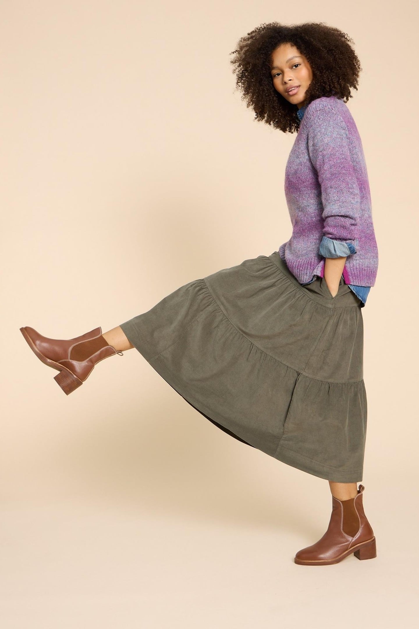 JADE TIERED CORD SKIRT KHAKI GREEN 4