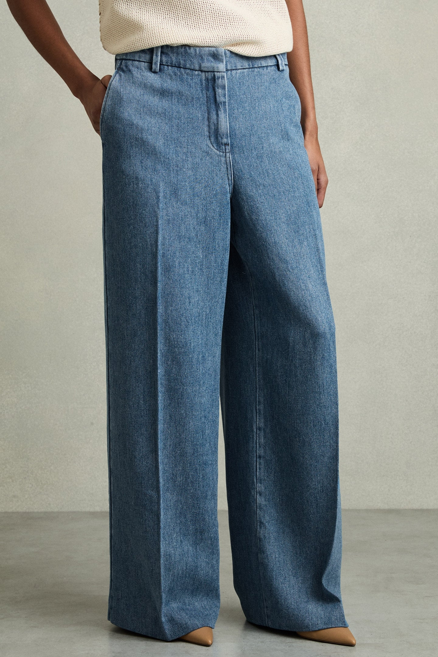 DENIM LOOK WIDE LEG TROUSER MID BLUE 1
