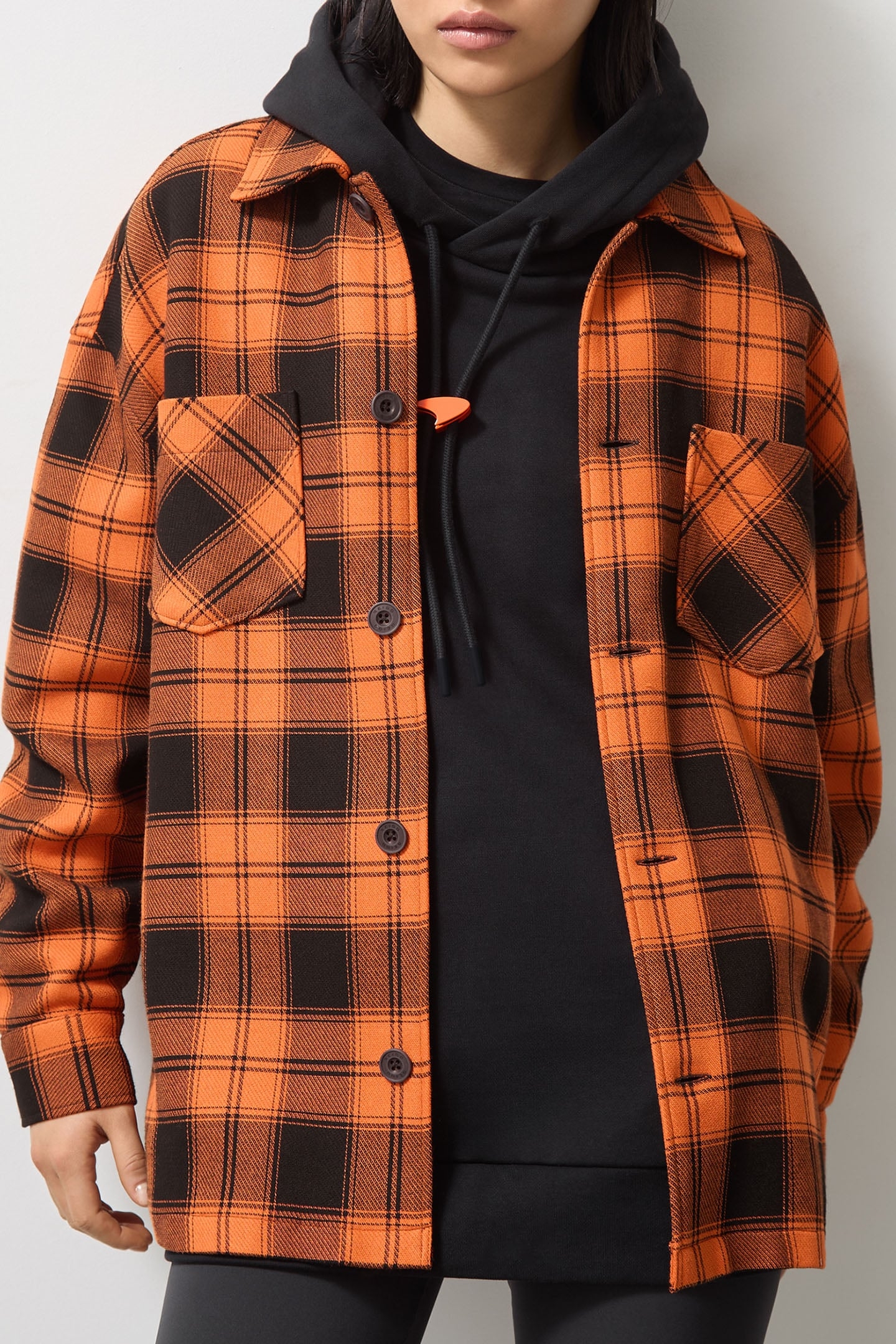 LS EMBROIDERED CHECK TWIN POCKET OVERSHIRT PAPAYA ORANGE/BLA 1