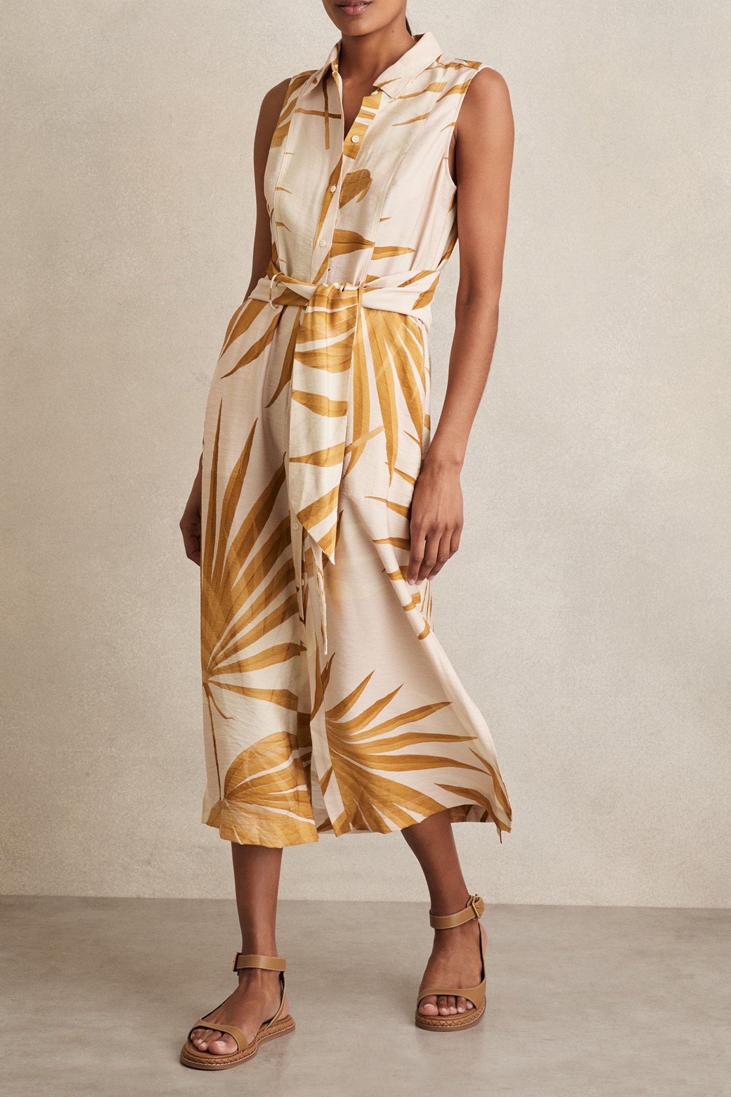 PALM PRINT SLEEVELESS SHIRT DRESS NEUTRAL 1