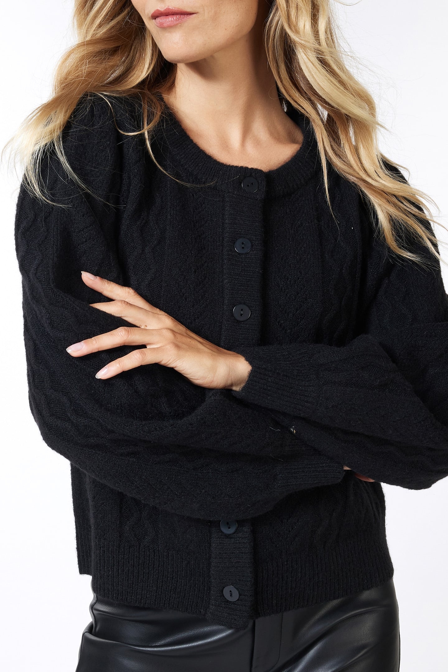 CARDIGAN PUFF SLVE CABLE & AJOUR BLACK 4