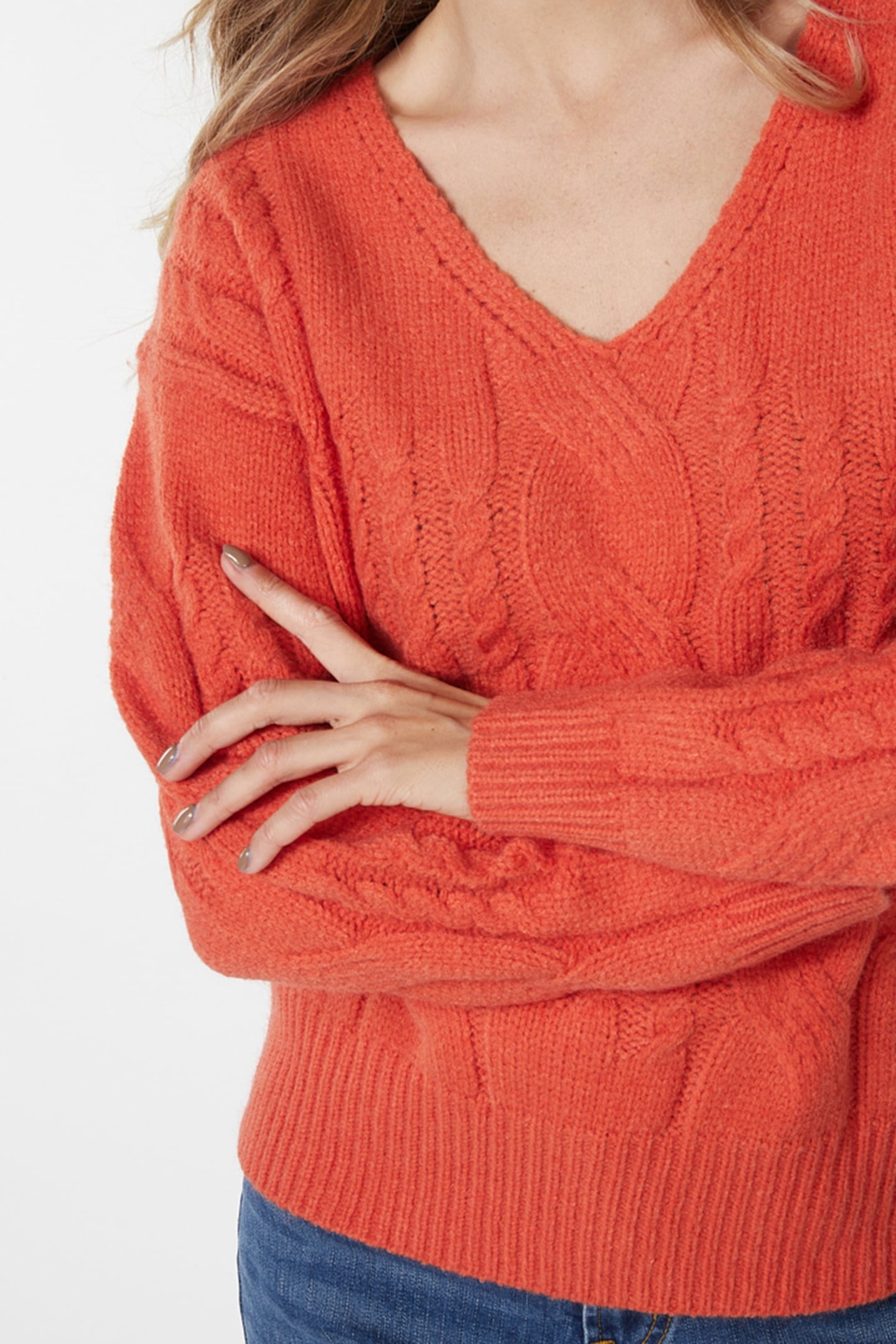 SWEATER CABLES V-NECK RED CLAY 6