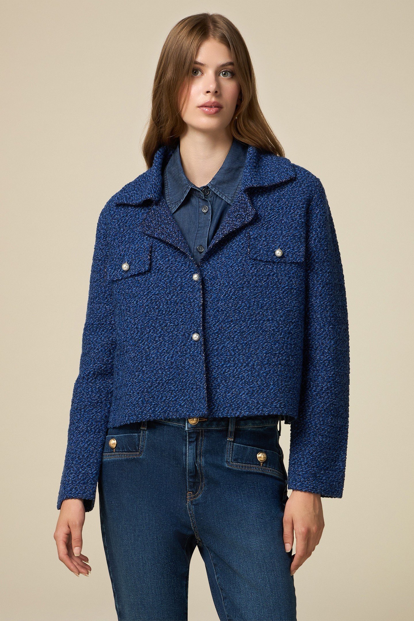 WOOL BLEND KNIT BOXY JACKET BLUE 1
