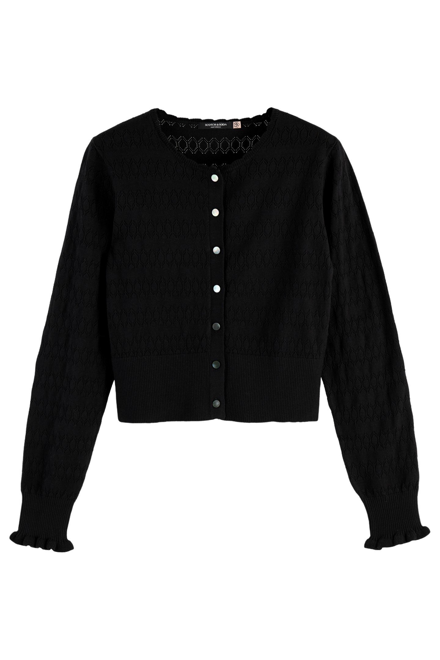POINTELLE STITCH CREW NECK CARDIGAN BLACK 1