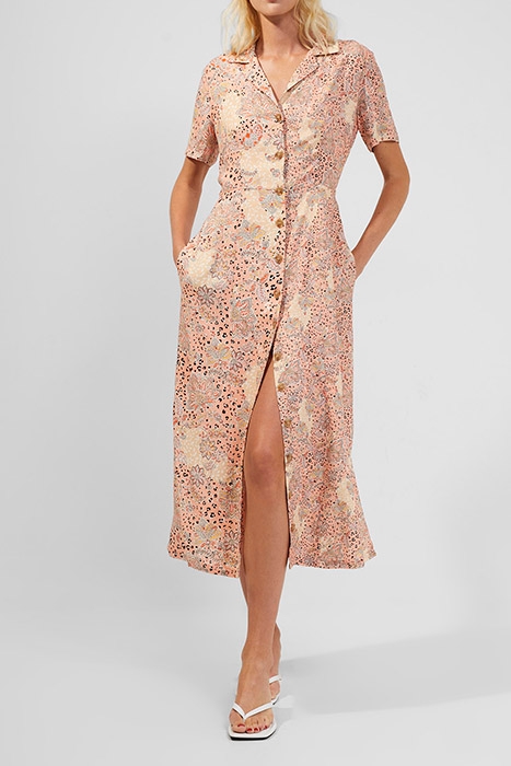 DEMETRA DRAPE BUTTON FRNT DRES PEACH NECTAR MULTI 1