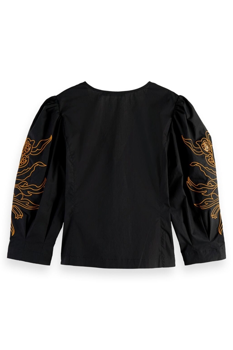 V-NECK FITTED TOP WITH BRODERIE VOLUME SLEEVE BLACK 2