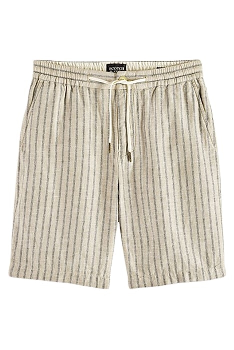 FAVE- PRINTED COTTON/LINEN BERMUDA SHORT SAND/ BLACK STRIPE 1