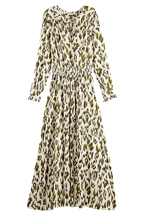 LONG PLEATED DRESS BRUSHED IKAT ARMY GREEN 1