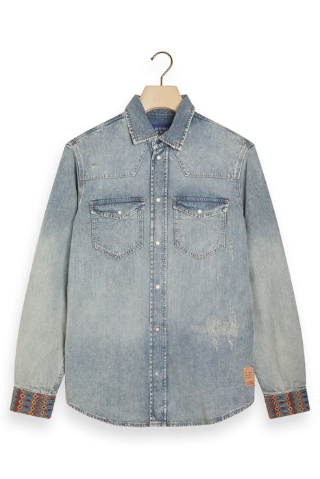 DENIM WESTERN SHIRT WITH DAMAGES AND EMBROIDERED CUFFS INDIG 4
