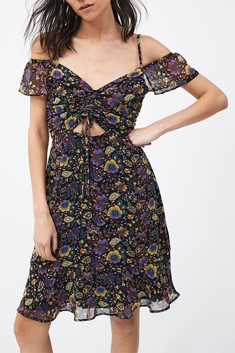 BLACK XL FLOWER PRINT DRESS, ELASTICATED SHOULDERS 1