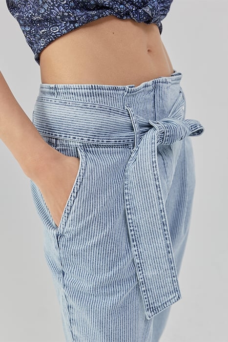 BLUE BELTED PAPERBAG JEANS WITH THIN WHITE STRIPES 6