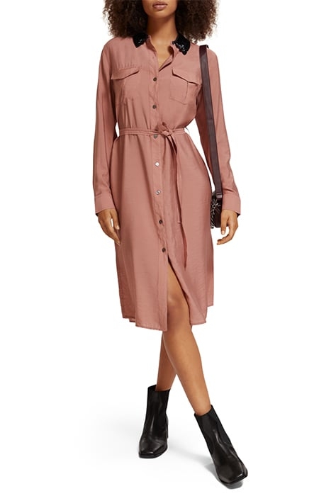 BEADED COLLAR MIDI SHIRT DRESS DUSTY ROSE 2