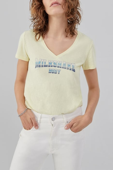 WOMEN'S YELLOW DEEP DYE SLOGAN IMAGE T-SHIRT 1