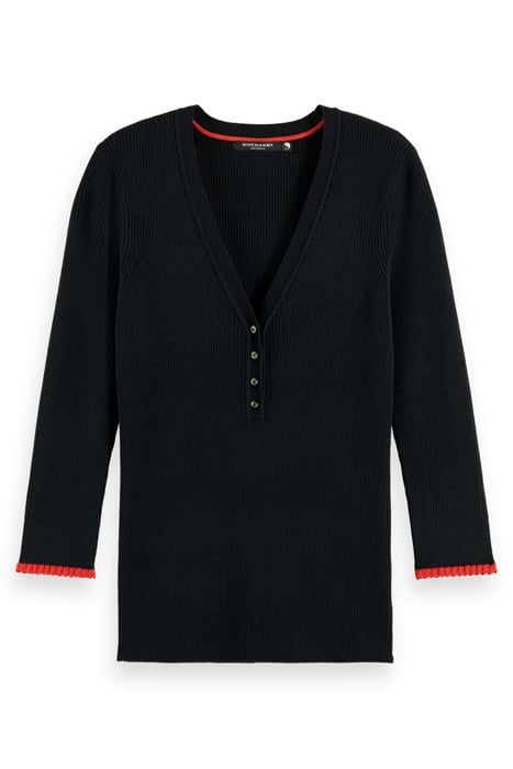 BUTTON DETAIL SKINNY RIB PULLOVER BLACK 4